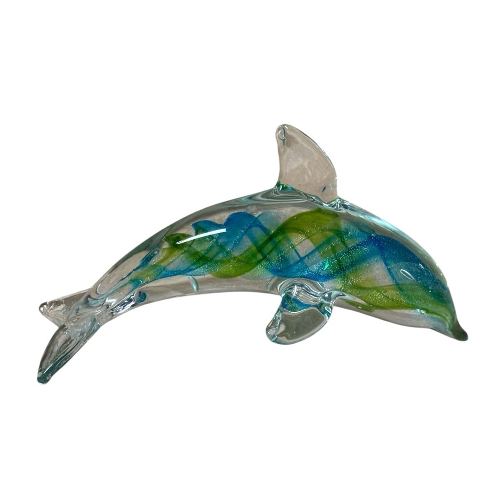 7.5" Glass Blue & Green Swirl
Dolphin Figurine - Hand
Blown Nautical Paperweight